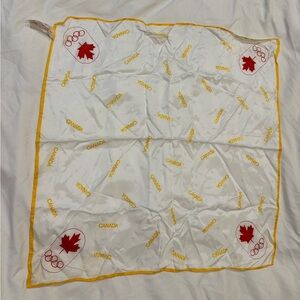 1976 Montreal Canada Olympic Logo Souvenir Scarf 22”sq. Acetate White.Yellow,red